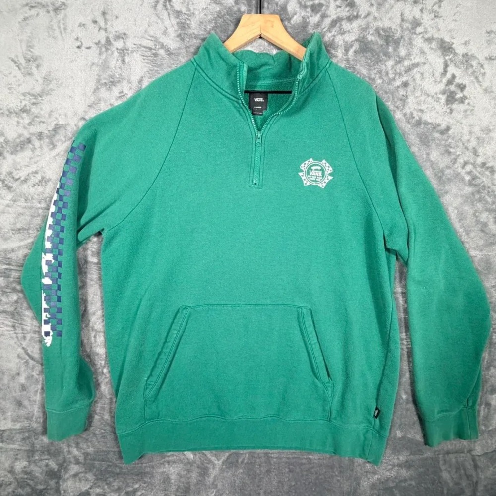 Vans Mens Sweatshirt Pullover Quarter Zip XL Green Checkerboard‎ Logo